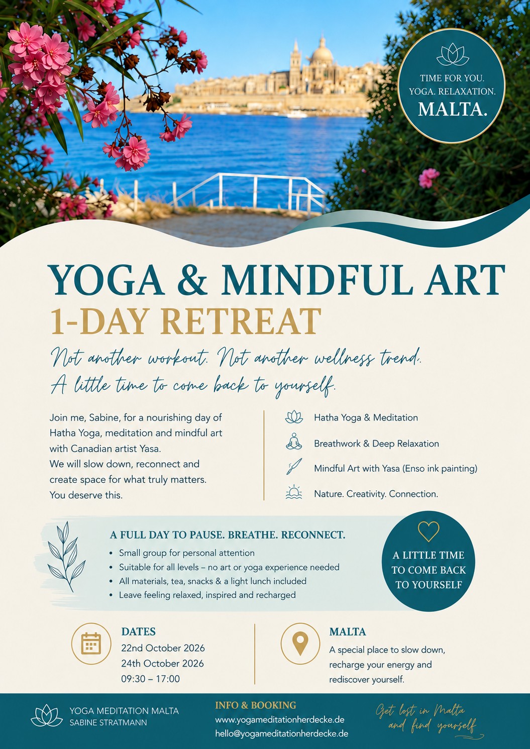 Flyer 1-Day Retreat Yoga & Mindful Art, Malta, Oktober 2026