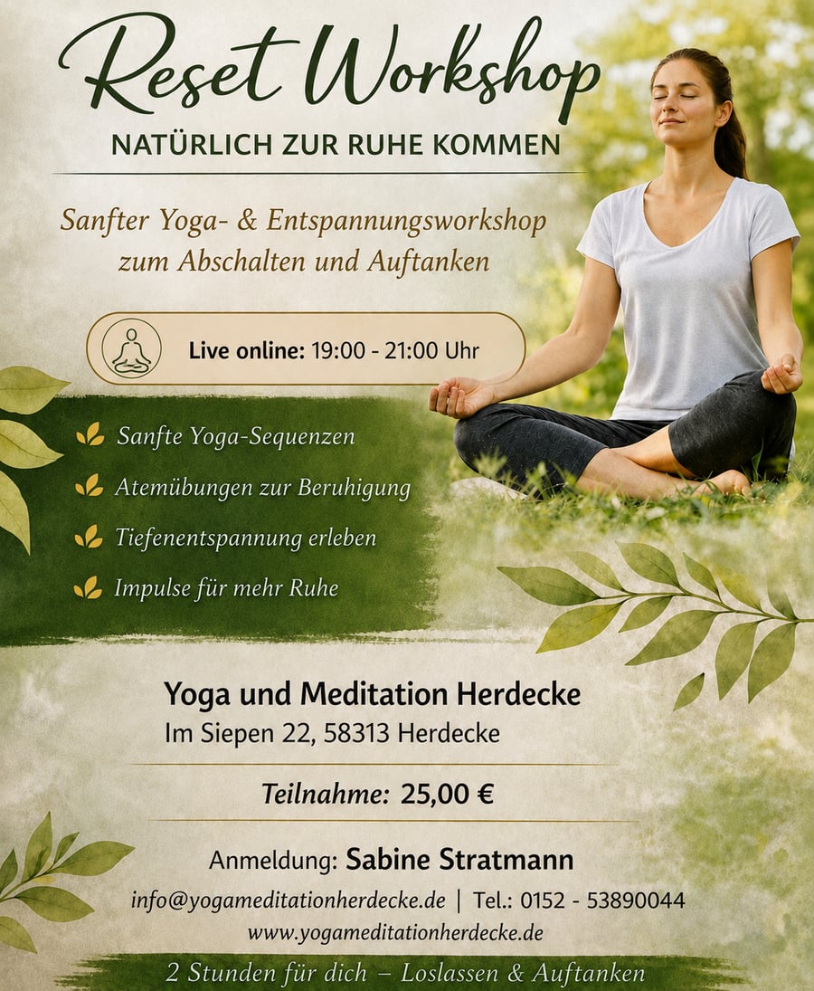 Flyer: Reset Workshop – Natürlich zur Ruhe kommen, Samstag, 25. September 2026, live online 19:00 – 21:00 Uhr